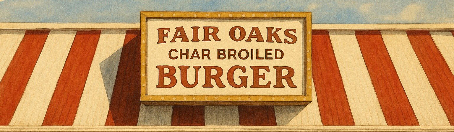 Fair Oaks Burger illustration with red-and-white awning and marquee